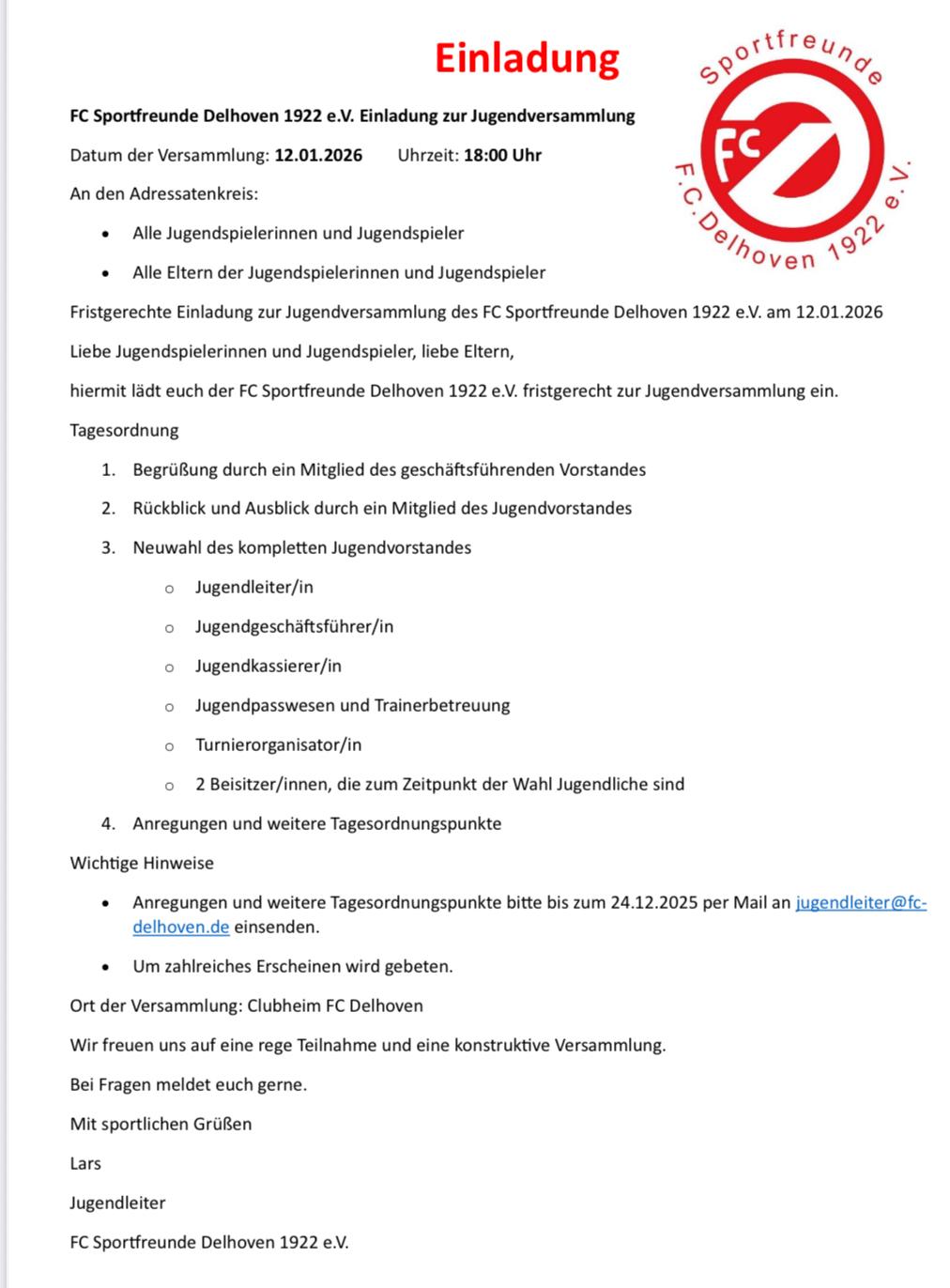 Jugendversammlung des FC Sportfreunde Delhoven 1922 e. V.